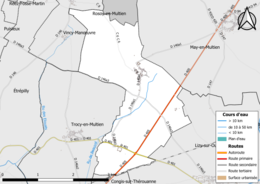 Carte en couleur présentant le réseau hydrographique de la commune