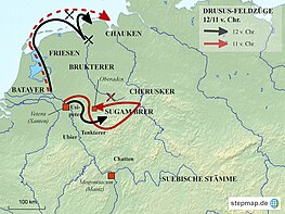 Landkarte der Drususfeldzüge der Jahre 12 und 11 v. Chr.