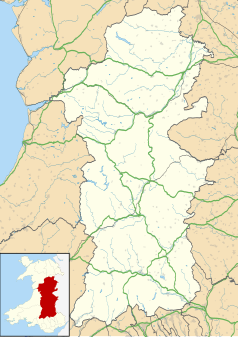 Mapa konturowa Powys, blisko dolnej krawiędzi nieco na lewo znajduje się punkt z opisem „Ystradgynlais”