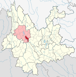 Location of Midu County (red) and Dali Prefecture (pink) within Yunnan