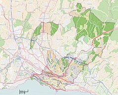 Mapa konturowa Lozanny, blisko centrum na dole znajduje się punkt z opisem „Stade Olympique de la Pontaise”