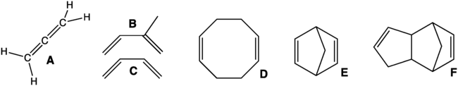 Structure of various alkadienes (also called dienes or diolefins)