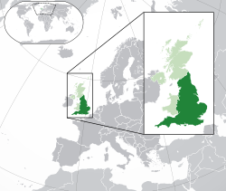 Kinaroroonan ng  England  (maitim na lunti) – sa lupalop ng Europa  (lunti & maitim na abo) – sa United Kingdom  (lunti)