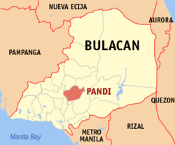 Mapa ng Bulacan na nagpapakita sa lokasyon ng Pandi.