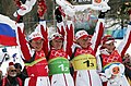 Det russiske guld-stafethold ved OL-2006 (Torino). Fra venstre: Anna Bogalij-Titovets, Svetlana Isjmuratova, Olga Zajtseva og Albina Achatova