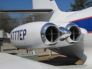 Engine assembly of a Lockheed Jetstar. Evidence of its pivoting fin can be seen in the diagonal line below the horizontal stabilizer