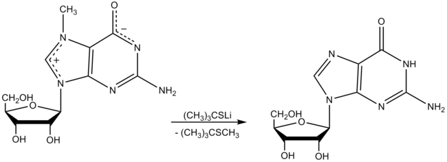 Lithium 2-methylpropane-2-thiolate reactie met 7-methylguanosine.