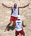 Beachvolleyballers Todd Rogers en Phil Dalhausser in actie tijdens de Olympische Zomerspelen 2008