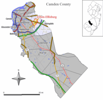 Map of Erlton-Ellisburg CDP in Camden County. Inset: Location of Camden County in New Jersey.