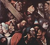 Hieronymus Bosch or follower. Christ Carrying the Cross label QS:Lit,"cristo portacroce" label QS:Lja,"十字架を担うキリスト" label QS:Lfr,"Le portement de croix" label QS:Lpl,"Jezus dźwigający krzyż" label QS:Lnl,"De kruisdraging" label QS:Lru,"Несение креста" label QS:Lde,"Die Kreuztragung Christi" label QS:Len,"Christ Carrying the Cross" label QS:Lsl,"Kristus nosi križ" label QS:Lmk,"Носење на крстот" label QS:Les,"Cristo con la Cruz a cuestas" . circa 1510-1535. oil on panel medium QS:P186,Q296955;P186,Q106857709,P518,Q861259 . 76.7 × 83.5 cm (30.1 × 32.8 in). Ghent, Museum of Fine Arts.