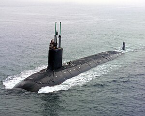 Lead boat of Virginia class USS Virginia (SSN 774) returns to the General Dynamics Electric Boat shipyard following the successful completion of its "alpha" sea trials in 2004.