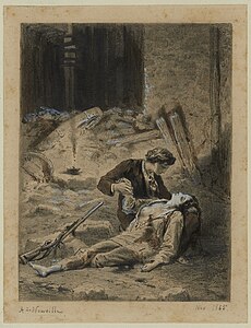 Mort d'Éponine dans les bras de Marius. Dessin d'Alphonse de Neuville.