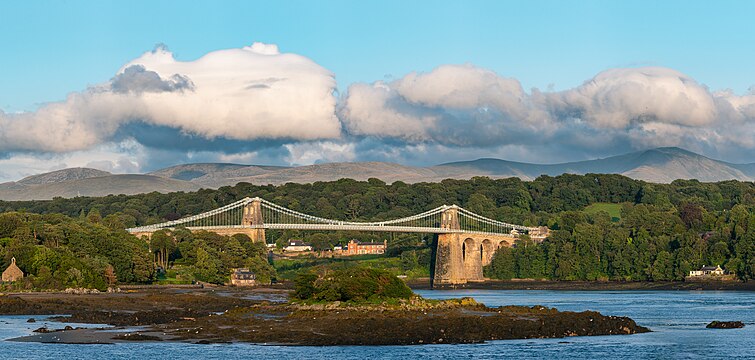 Menai Suspension Bridge across the Menai Strait seen from the west.