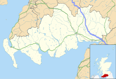 Mapa konturowa Dumfries and Galloway, blisko lewej krawiędzi nieco na dole znajduje się punkt z opisem „Stranraer”