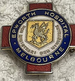 General Nursing Badge awarded to graduates of the Epworth Hospital General Nursing School (1924-1988). This particular design features a Wyvern and the motto Non ministrari sed ministrare (not to be served but to serve). The design was adopted for use by nursing training schools established by the Methodist Church in Adelaide (Memorial Hospital) and Sydney (Waverly War Memorial Hospital).[17][18].