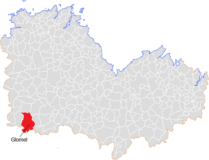 Carte représentant par des couleurs différentes l'emplacement d'une commune au sein de son département.