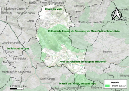 Carte des ZNIEFF de type 1 sur la commune.