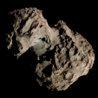 Comet 67P/Churyumov–Gerasimenko in enhanced colour, as imaged by ESA's Rosetta spacecraft in 2015.