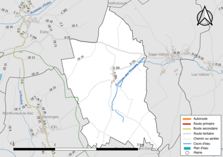 Carte en couleur présentant le réseau hydrographique de la commune