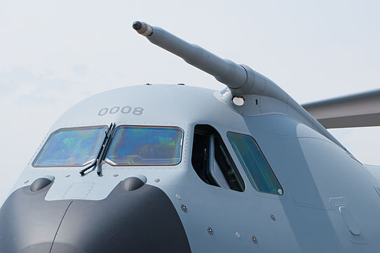 Aerial refueling probe and cockpit of an Armée de l'Air (French Air Force) Airbus A400M.