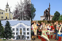 top left: Borzna Nicholas Church; top right: monument to the lost countrymen; bottom left: Borzna City Hall and Vladimir Lenin statue (destroyed in February 2014 during Leninopad[1]); bottom right: Borzna Pokrovskyi Fair, held every October