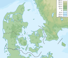 Mapa konturowa Danii, na dole nieco na prawo znajduje się punkt z opisem „Møns Klint”