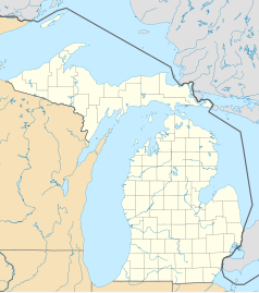 Mapa konturowa Michigan, blisko lewej krawiędzi u góry znajduje się punkt z opisem „Ironwood”