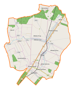 Mapa konturowa gminy Wilkołaz, na dole nieco na prawo znajduje się punkt z opisem „Wólka Rudnicka”