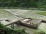 Fishing weir on the rapidly flowing Mogami River in Japan