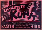 Infoblatt zur Ausstellung „Entartete Kunst“ am Königsplatz. Die schwarze Grafik mit vielen Dreiecken und einer Gesichtsmaske auf pinken Untergrund wirkt furchteinflößend.