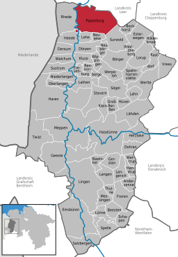 Läget för staden Papenburg i Landkreis Emsland