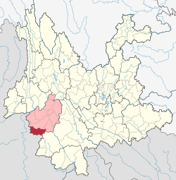 Location of Cangyuan County (red) and Lincang Prefecture (pink) within Yunnan province of China