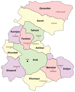 Location of Shazand County in Markazi province (bottom left, purple)