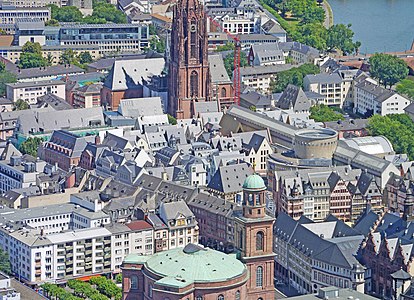 Dom-Römer-Projekt: Reconstruction of some parts of old town Frankfurt am Main: Kleinteilige Rekonstruktion der Altstadtstruktur in Frankfurt nahe des Doms (Blick von oben im Juni 2018)