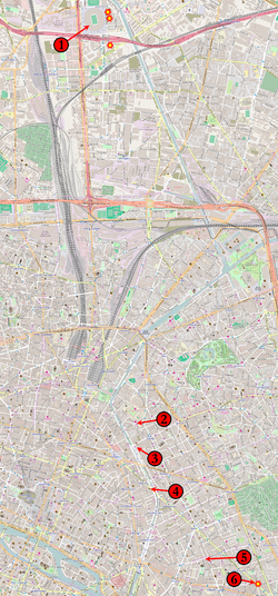 Pariisin terrori-iskujen sijainnit: 1) Stade de France 2) Rue Bichatin ja Rue Alibertin risteys 3) Casa Nostra -ravintola, Rue de la Fontaine 4) Bataclanin teatteri 5) La Belle Équipe -ravintola, Rue de Charonne