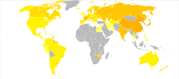 Suizide pro 100.000 Männer (links) bzw. Frauen (rechts) pro Jahr (Datengrundlage 1978–2008). ﻿< 1 ﻿1–5 ﻿5–5,8 ﻿5,8–8,5 ﻿8,5–12 ﻿12–19 ﻿19–22,5 ﻿22,5–26 ﻿26–29,5 ﻿29,5–33 ﻿33–36,5 ﻿>36,5