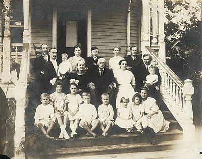 Samuel Dibble I family of Orangeburg SC c. 1912 (date and identification assumptions based on ages of children by Ann Wyatt Dibble); Back row: Samuel Dibble II, Louis Virgil Dibble, Rosa Parsons Dibble (baby), Ann Eliza Leak Wyatt Dibble, Samuel Dibble Moss, Frances Agnes Dibble Moss, Benjamin Hart Moss, Middle row: Mary Christiana Louis Dibble, Samuel Dibble, Mary "May" Henley Watson, Whitefield William Watson, Agnes Adele Watson (baby);Front row: Samuel Gabeau Dibble ? twin, Annie Leak Dibble (Bradley), Mary Louis Watson (Coleman), Thomas Wyatt Dibble ? twin, Samuel Dibble "Sam" Watson; Angelina Wannamaker Watson (Mayes), Mary Agnes Dibble (Morris), Mary Caroline Moss.