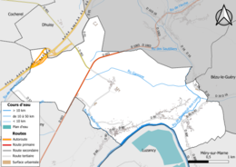 Carte en couleur présentant le réseau hydrographique de la commune