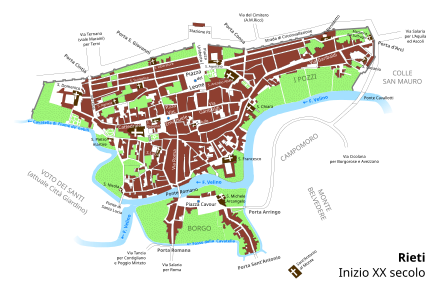 Mappa di Rieti ad inizio Novecento, prima dell'espansione al di fuori della cinta muraria e del prosciugamento delle cavatelle a meridione che completavano il sistema difensivo