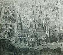 Dessin en noir en blanc d'un vaste église dans son environnement urbain.