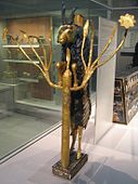 Ram in a Thicket; 2600–2400 BC; gold, copper, shell, lapis lazuli and limestone; height: 45.7 cm; from the Royal Cemetery at Ur; British Museum