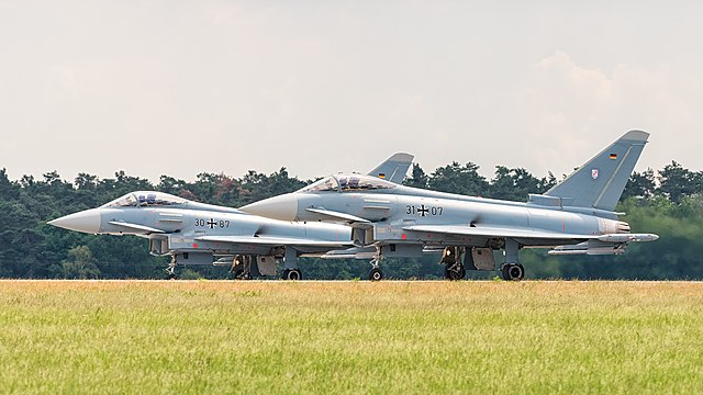 Eurofighter Typhoon EF2000 (reg. 31+07, cn GS083 and reg. 30+87, cn GS066) of the German Air Force at ILA Berlin Air Show 2016.