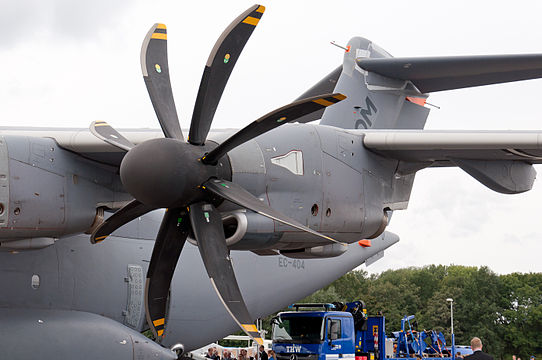 Close-up of an Europrop TP400 engine on an Airbus A400M