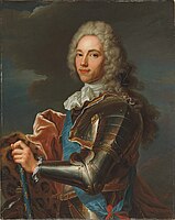 Cochaslys Ghiuc Broglie (1671–1745), lieh-lhiurid, ayns eilley marish cloagey crackan lepard ta linnit liorish velvad as Sash Oardagh y Spyrryd Noo, builteen Varshyl y Rank 'sy laue hoshtal echey