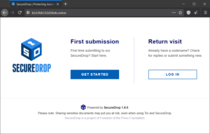 Screenshot der SecureDrop Ansicht für Whistleblower.