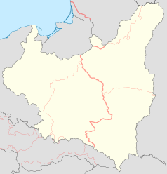 Mapa konturowa okupowanej Polski (1939–1941), blisko centrum u góry znajduje się punkt z opisem „miejsce masowego zabójstwa Żydów”