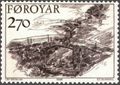 Stamp FR 136 of 1986: Old Bridges - Glyvragjógv at Glyvrar of 1902. Drawing by Ingálvur av Reyni.