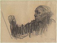 Käthe Kollwitz, "Otoportre", kahverengi Ingres kâğıdı üzerine karakalem eskizi, 1933