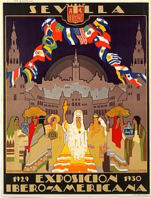 The flags of the countries attending the 1929 Iberian-American Exhibition fly in the wind. Below them, there are different cultures represented through their dress. Seville is in the background of the poster.