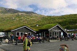 Foule autour de bâtiments en bois avec un toit couvert d'herbe.